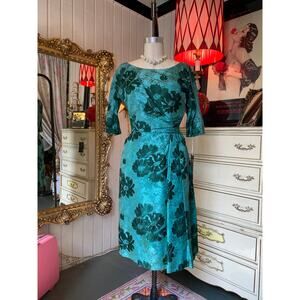vintage 1950s green brocade wiggle dress betty clyne m 28 ruched draped 50s mcm